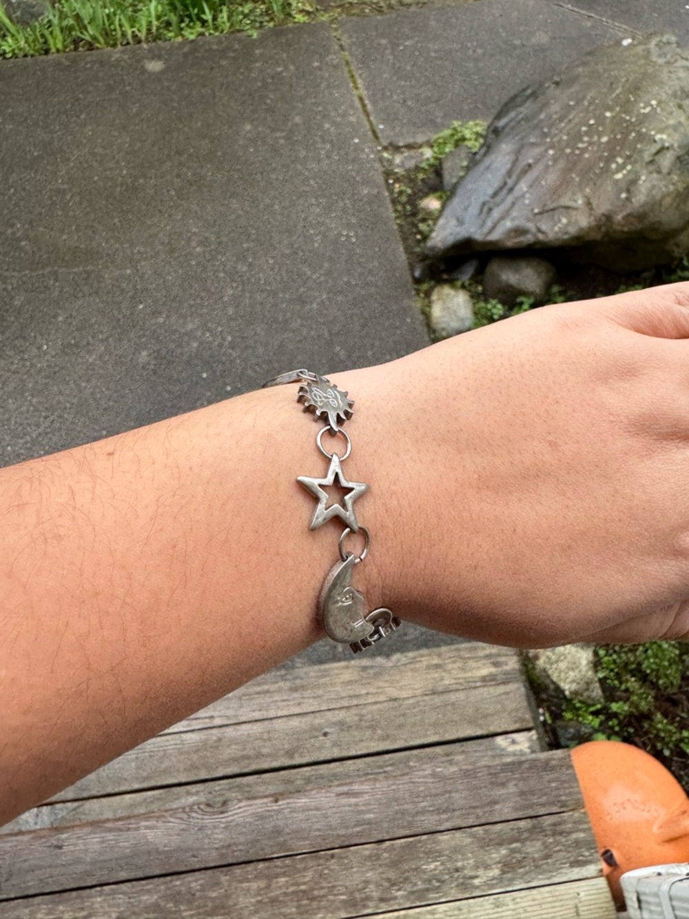 Vintage Celestial Sun Moon & Star Link Bracelet (8”)  .925 Sterling Silver